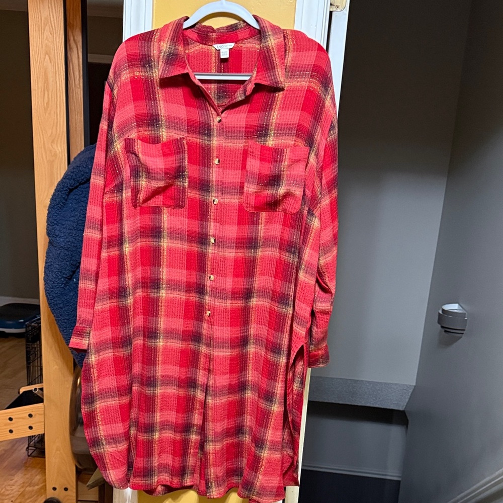 Cato 18/20W Red Plaid Long Sleeve Button Front Tunic Shirt Plus Size
